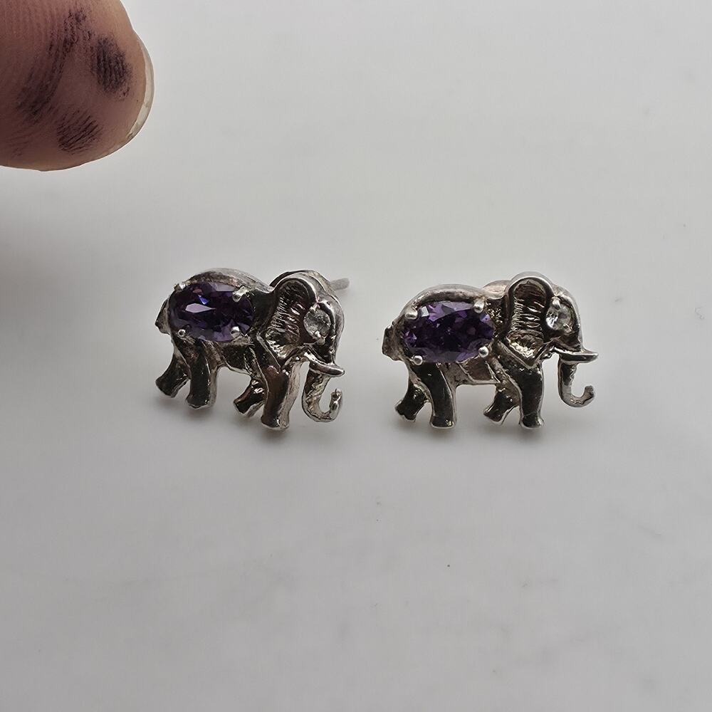 Vintage 925 Sterling Silver Elephant Stud Earrings Amethyst Purple Animal Jewelr